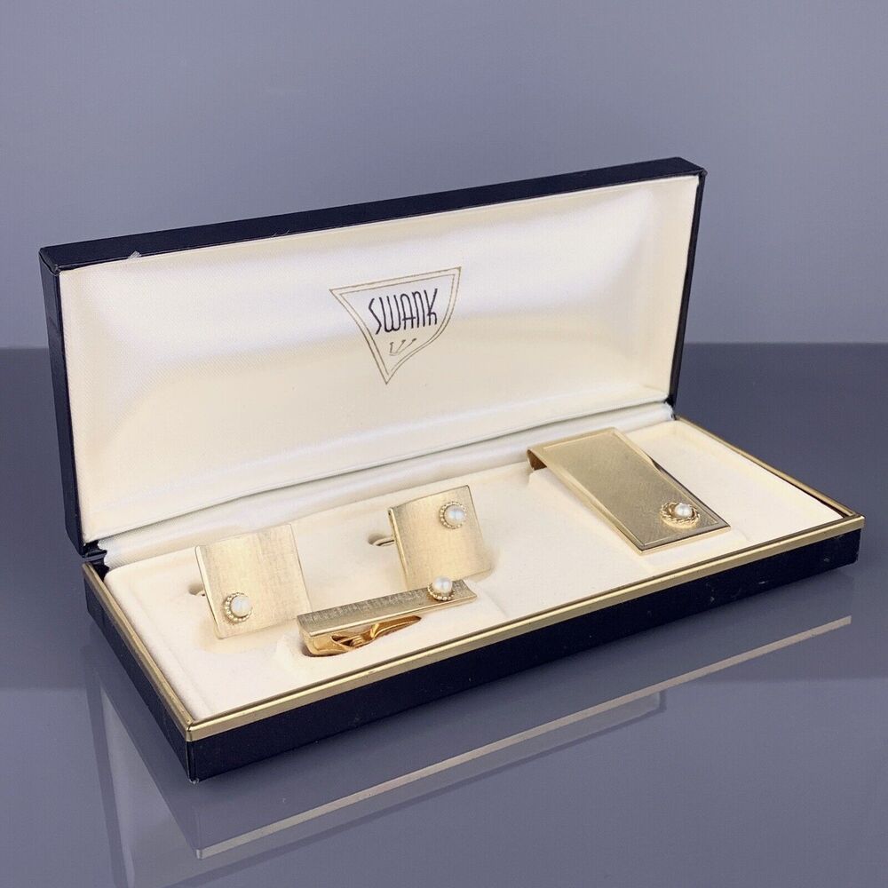 Faux Pearl Square Gold Tone Cufflinks Tie Pin Money Clip Textured Swank Vintage